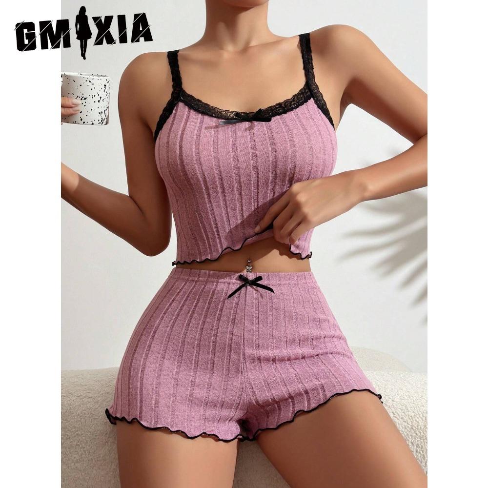 

GMXIA Стрейчевая пижамаЖенский кружевной топ-майка с шортамиИскусственный хлопок с присборкойПолосатая домашняя одежда XL розовый