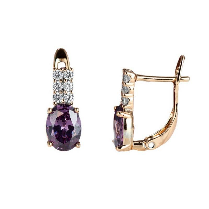 Oval amethyst zircon plated champagne gold ear buckle wedding earrings for women