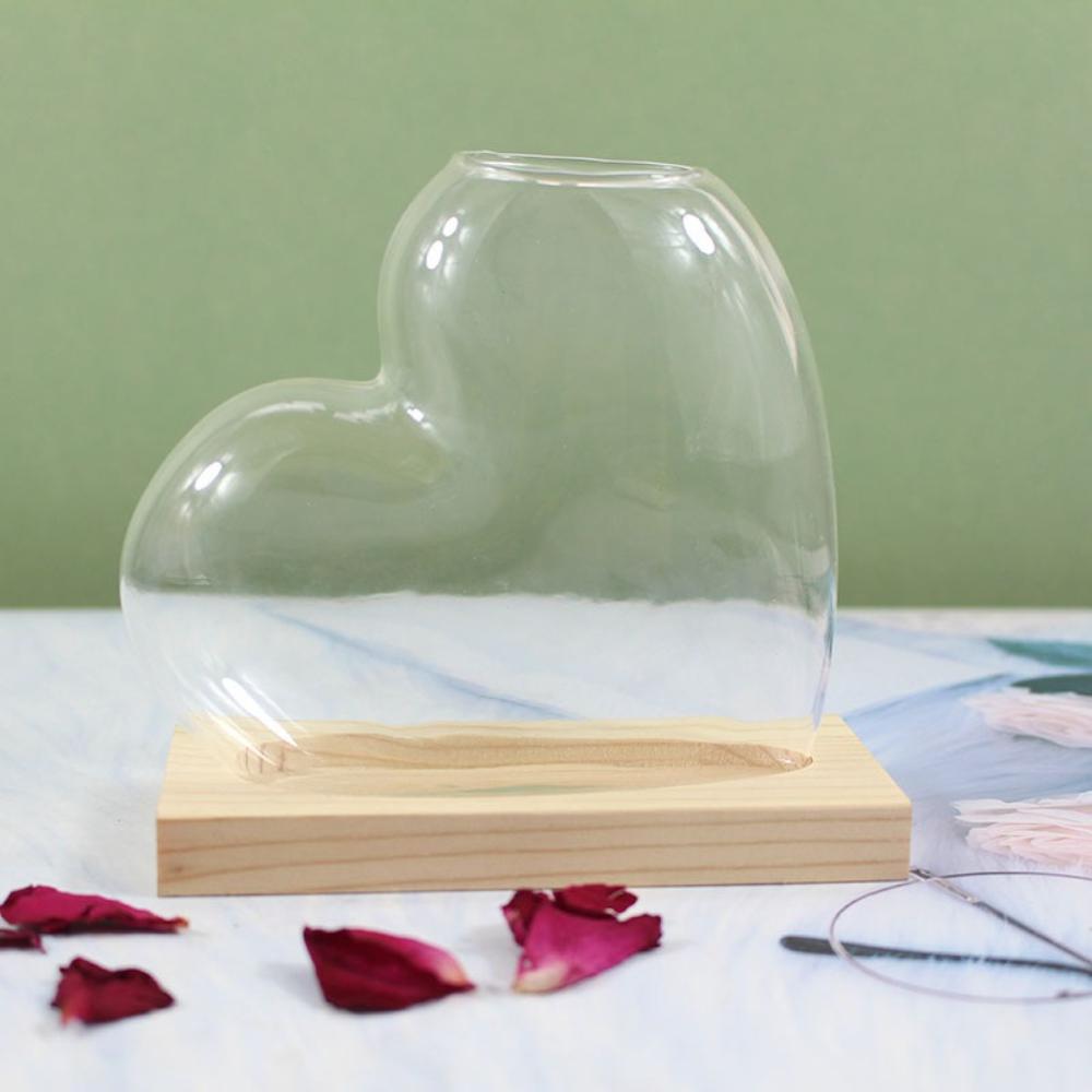 Colorful Love Shaped Glass Vase with Wooden Hydroponic Flower Plants Vase Desktop Ornament Living Room Office Decoration