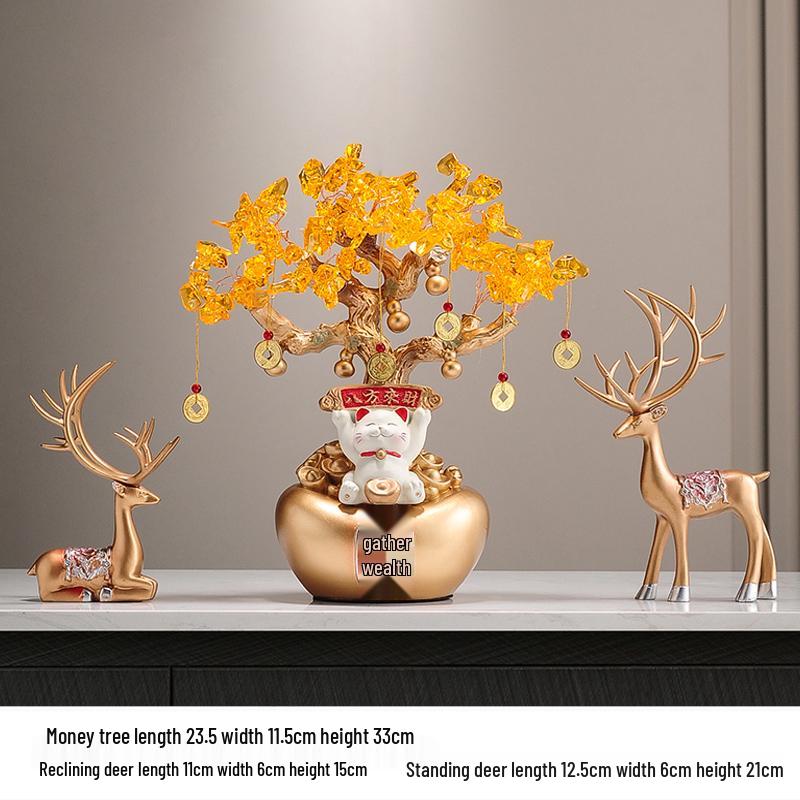Fortune Cat Money Tree Figurine - Office, Shop, Reception & Housewarming Decoration