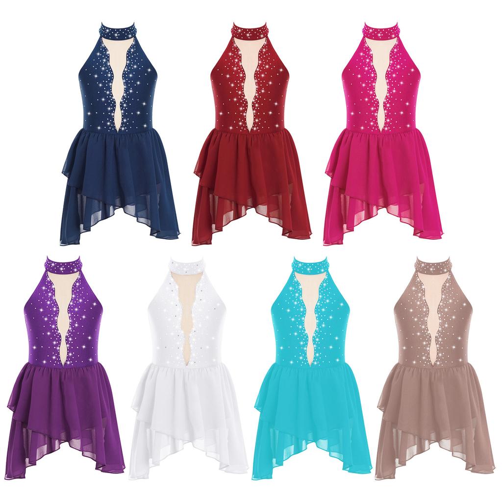 Kids Girls Rhinestone Figure Skating Ballet Lyrical Dance Costume Sheer Mesh Mock Neck Open Back Irregular Hem Dress Dancewear