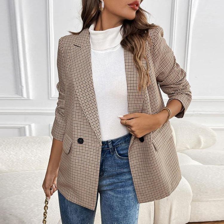 Herbst Winter Damen Lässig Langarm Karomuster Farbe Blazer Anzug Pendler Knopf Temperament