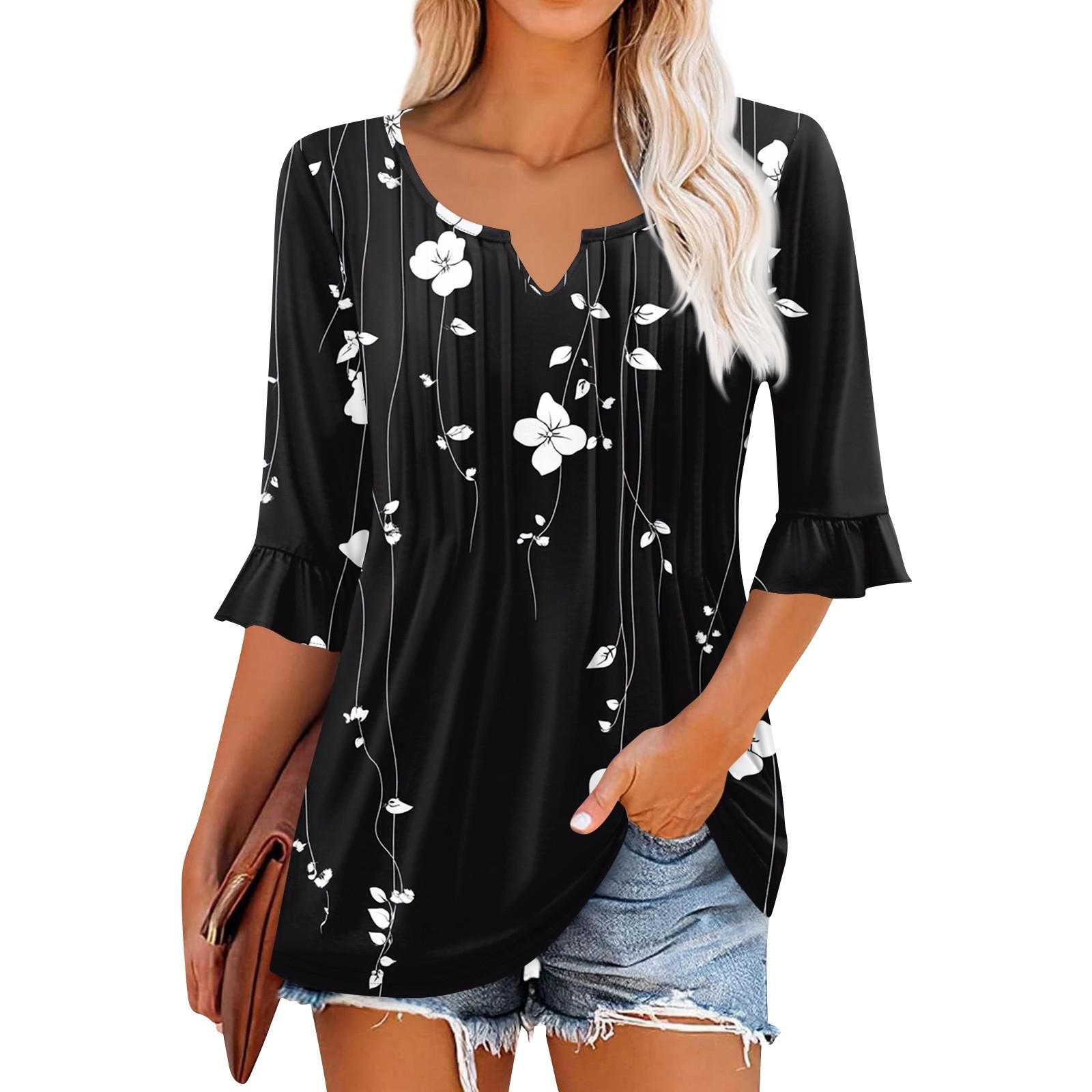 

3/4 рукава топы для женщин повседневные оборки V-образный вырез футболки рабочие блузки нарядные туники топы L чёрный