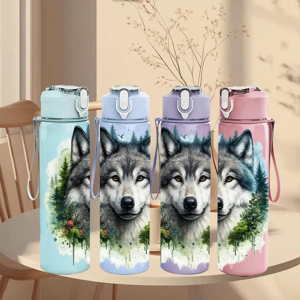 1PC Wild Wolf Winter Animal Portrait 750ml Color Plastic Sports Water Bottle Leakproof Flip Straw Lid Suitable for Sports Office Home Use