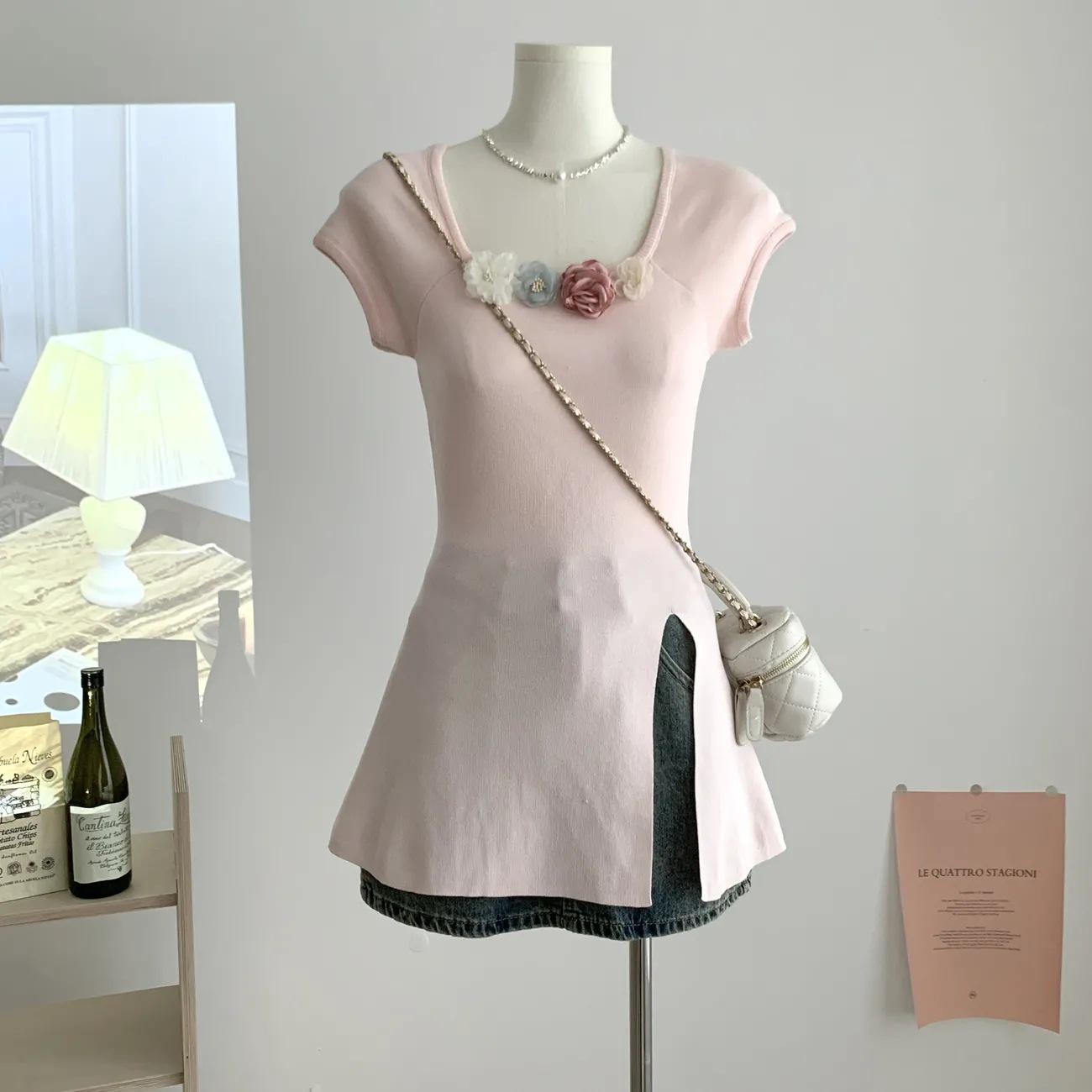 

Женский французский вязаный топ с цветочным 3D пэчворком - Летняя футболка с квадратным вырезом и коротким рукавом One Size (up to 125 lbs) розовый