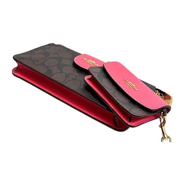 New COACH Cow Leather With PVC Combo Bag, Shoulder Bag, Crossbody Bag Women's Brown & Watermelon Red C3328-IMUOE