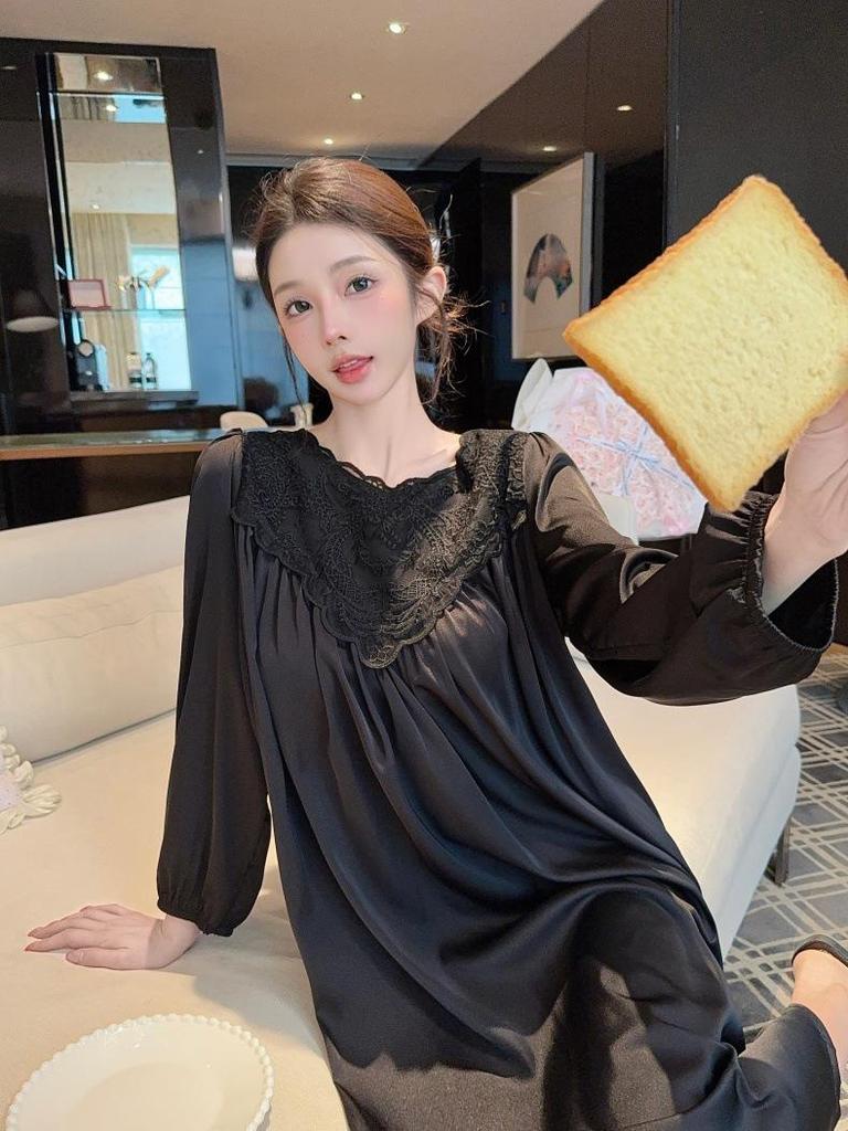 2026 Ice Silk Long Sleeve Nightgown for Women - Plus Size, Sexy French Style
