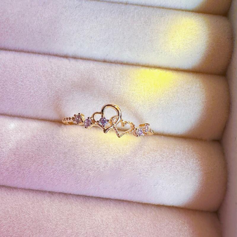 Pink Exquisite Geometric Diamond Heart Pearl Ring For Women Stylish Adjustable Open