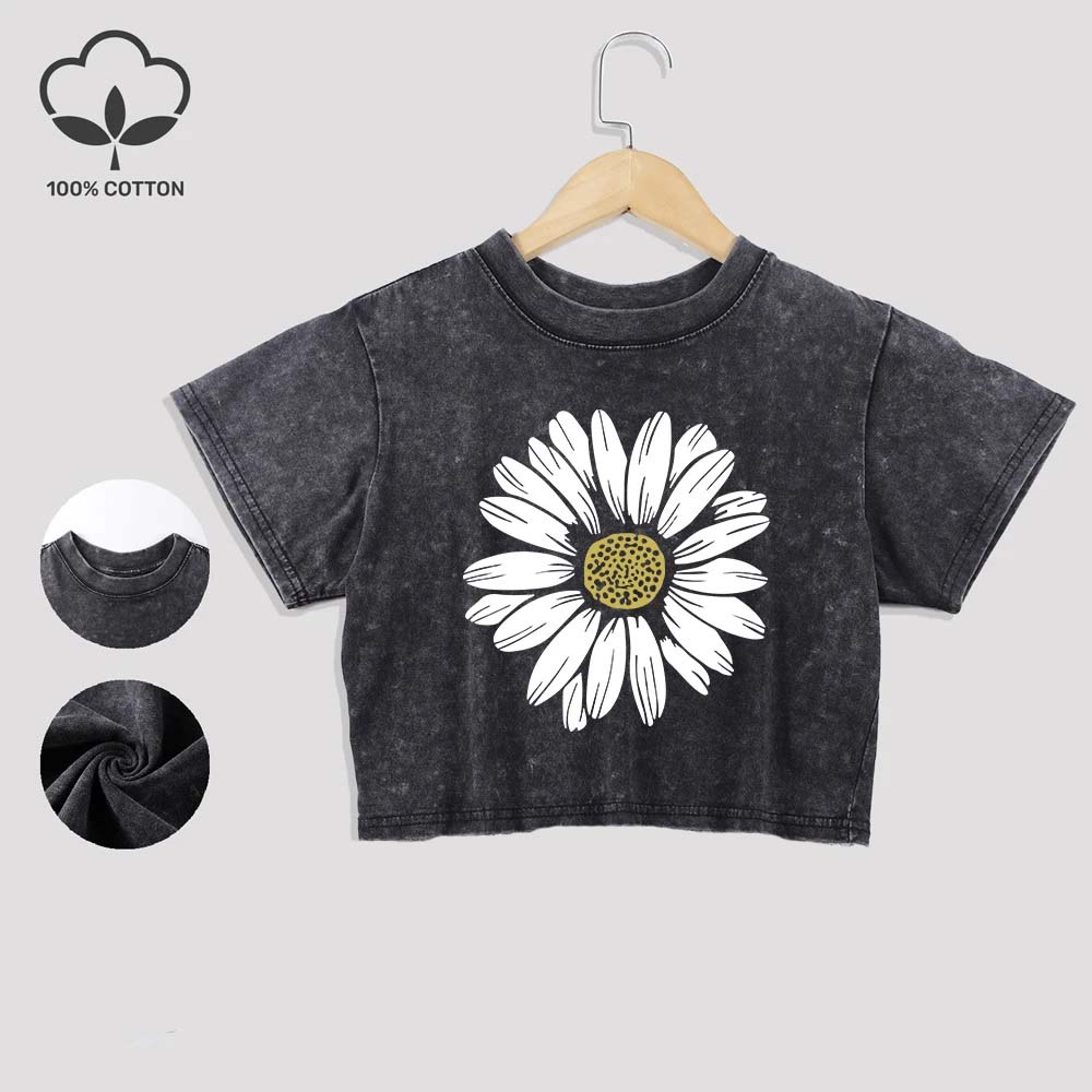 

Красивые футболки из стираного хлопка с принтом подсолнуха, трендовые летние укороченные футболки с кружевной отделкой, с круглым вырезом, стандартной посадки, с короткими рукавами, повседневная одежда XL