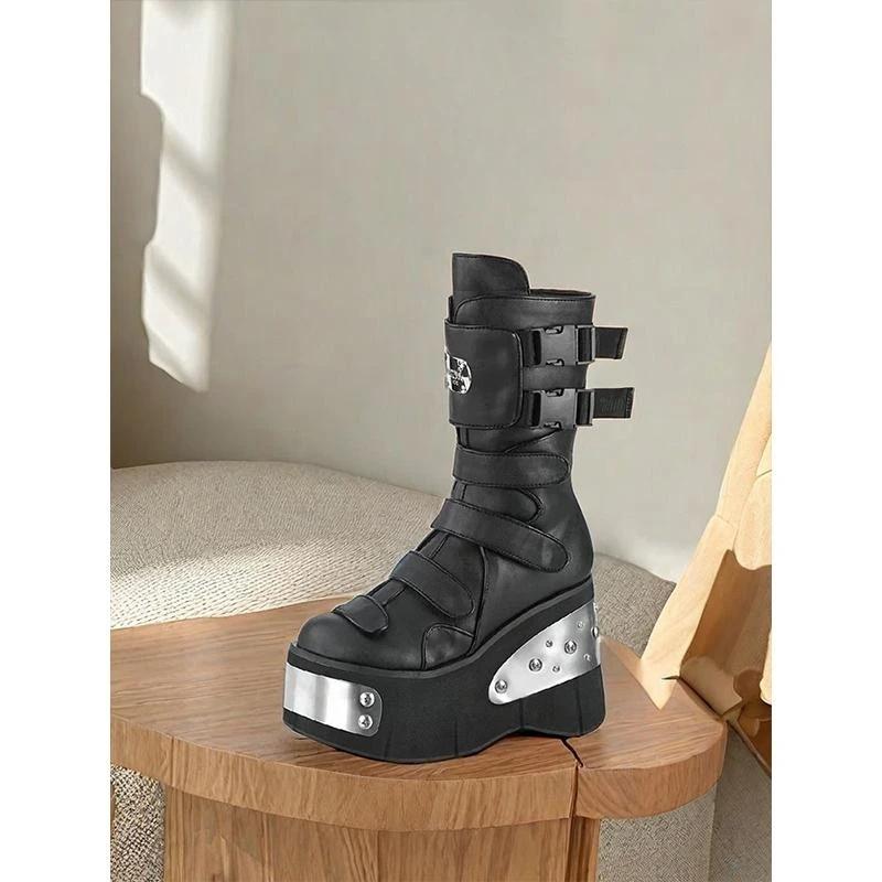 

2025 Newest Metal Decoration Patchwork Boots Mid Calf Sweet Round Toe Hook & Loop Chunky Heel Women Boots Fashion Casual Boots 35