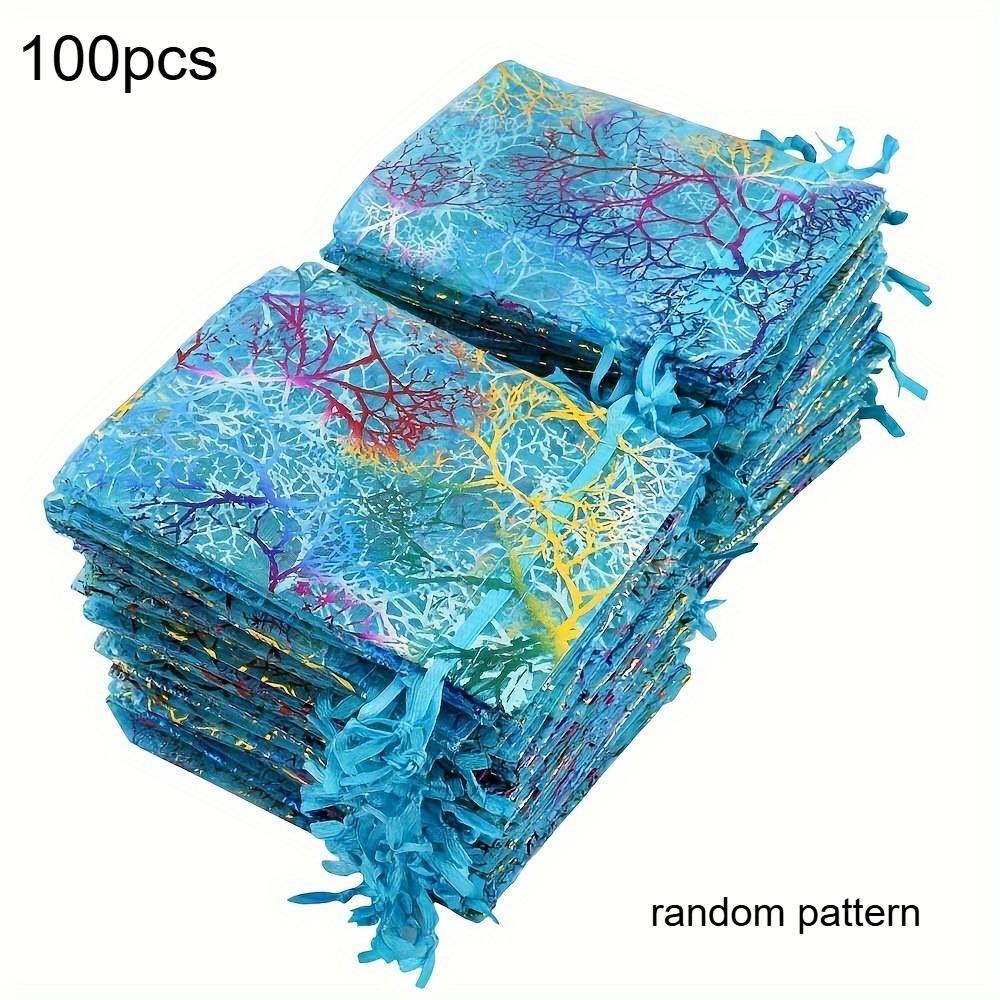 

100pcs Elegant Organza Gift Bags with Drawstring Closure Golden Floral Design Mesh Pouches Candy Party Favors Jewelry Gift Bags 100pcs&9x12cm синий