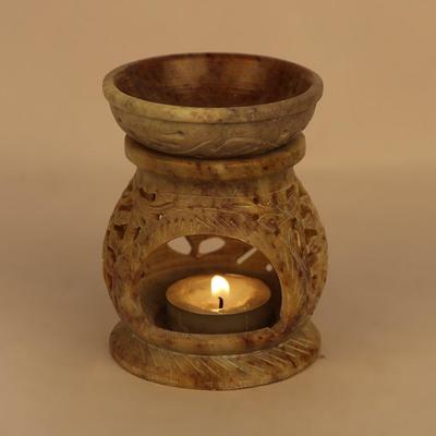 Indien Handgefertigter Speckstein Aromaölbrenner und 1 Teelicht (Natürlich) (Natürlich)