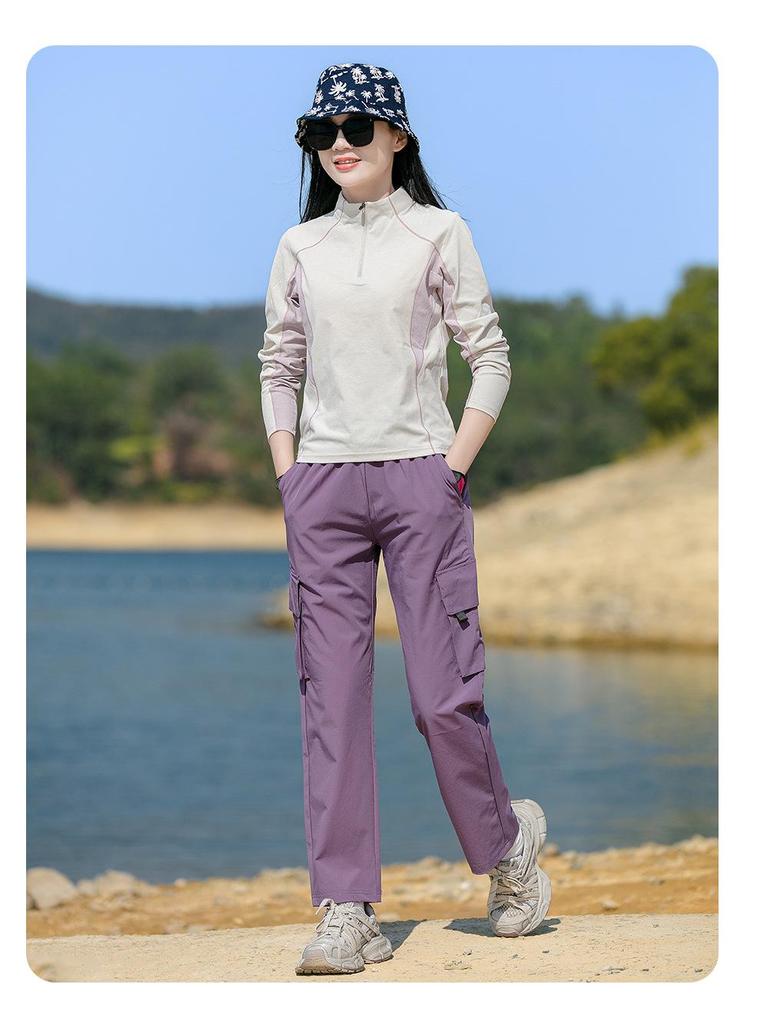 Women's Lightweight Quick-Dry Long Sleeve T-Shirt, Stand Collar, Breathable Patchwork for Hiking, Running, Outdoor Sports - Spring/Summer