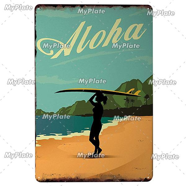 Surf Shop Vintage Metal Signs Decor Rust Tin Sign Wall Art Stickers Hawaii Poster for Bar Pub and Club Room Wall Art Decoration