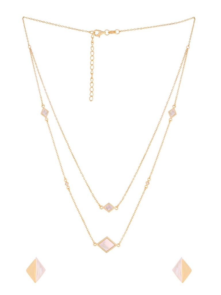 Frech und spritzig 925 Sterlingsilber vergoldet Perlmutt Muschel Station mehrreihige quadratische Halskette Ohrringe Schmuckset für Damen