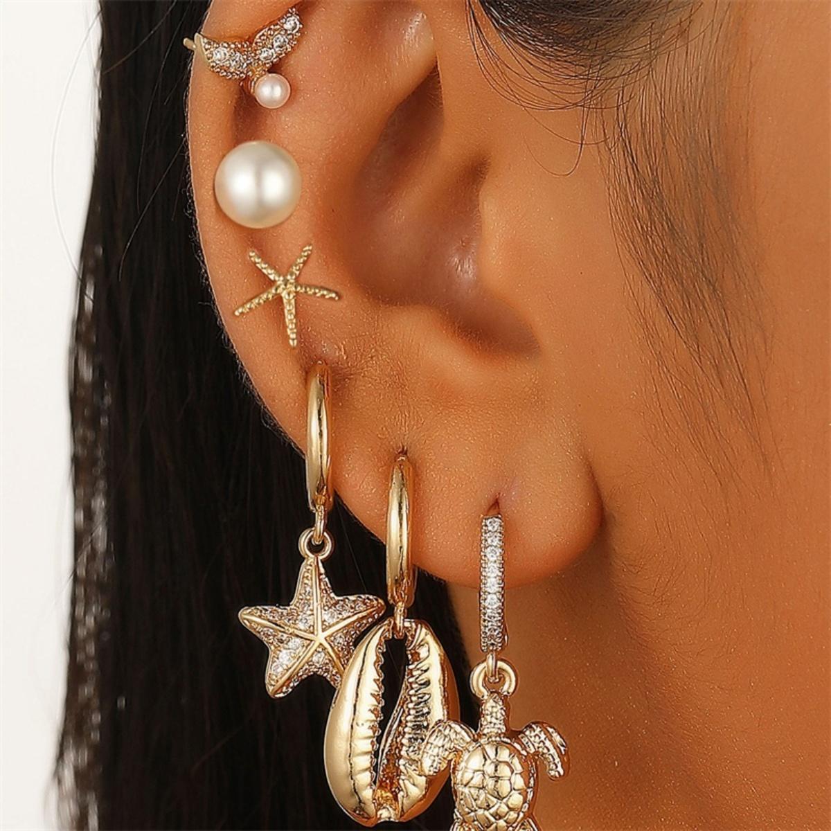 

Summer Vacation Style Metal Shell Turtle Starfish Zircon Drop Earrings Set For Women Men Bohemia Imitation Pearl Earring Jewelry