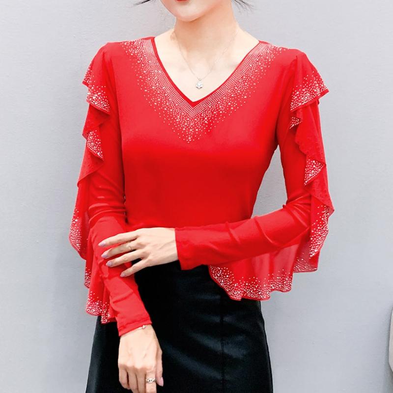 Spring Autumn Women's Ruffles Sleeve T-Shirt Elegant V-neck Tees Slim Ladies Tops With Rhinestone