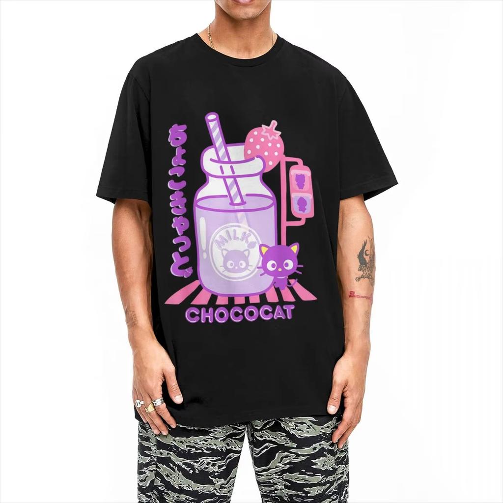 Chococat Erdbeermilch T-Shirts Herren Damen 100% Baumwolle Lustige T-Shirts Rundhals T-Shirt Kurzarm Tops Geschenkidee
