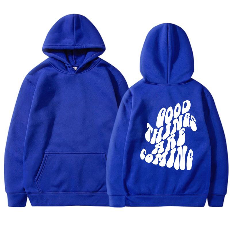 GOOD THINGS ARE COMING Women's Velvet Hoodie Solid Color Letter Printed Kangaroo Pocket Drawstring Printed Hoodie