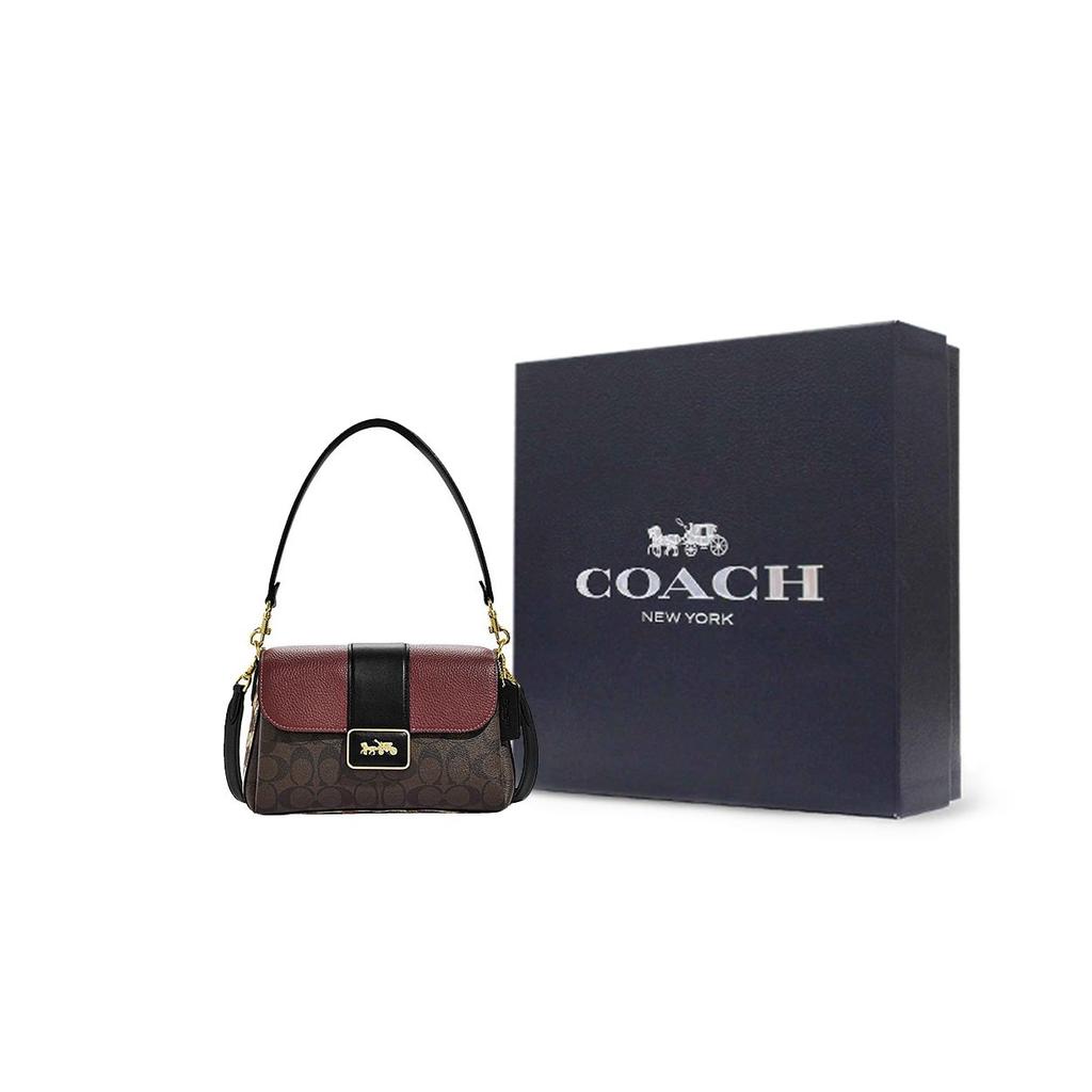 Coach Grace 26 Classic Monogram Buckle Closure Faux Leather And Sheepskin Leather Tote Crossbody Shoulder Bag Large Women Bags Brown Red CC066-IMOSN