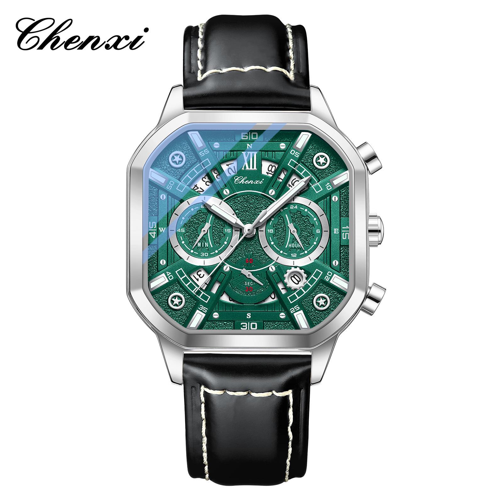 

CHENXI Мужские квадратные многофункциональные часы-хронограф с люминесцентным стальным браслетом и календарем.
