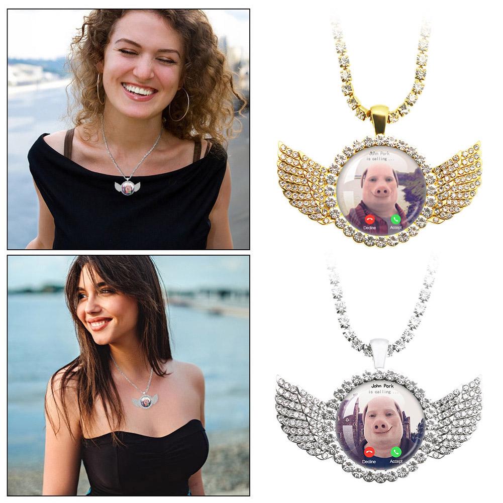 For John Pork Is Calling Funny Pig Necklace Lover Graphic The Moon Answer Call Phone Humor Angel Wings Pendant Necklace Jewelry