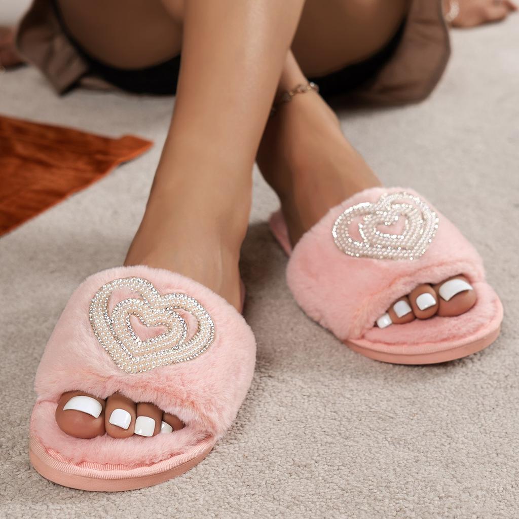 Mode Winter Damen Winter Haus Pelzige Hausschuhe Rutschfest Lässig Indoor Ballerinas Bodenschuhe Damen Flip Flops Warme Schuhe Einfarbige