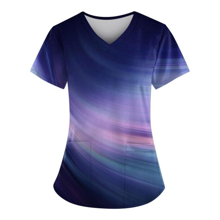 Plus Size Scrub Tops Women V Neck Short Sleeve Work Uniform Printed Tee With Pockets Fun T Shirts Workwear