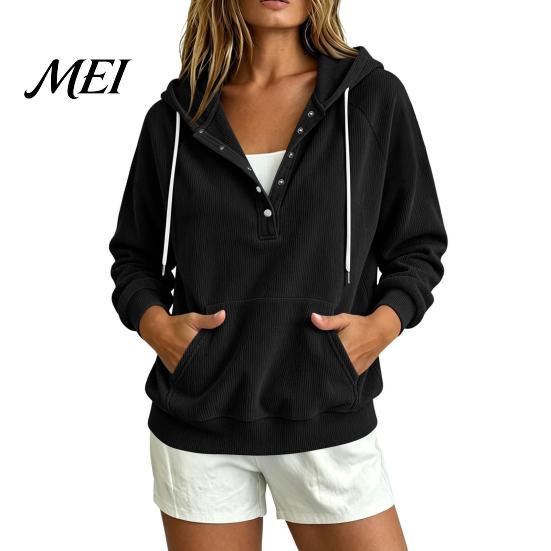 Solid Color Hoodie with Pocket Autumn Women Corduroy Kangaroo Pocket, Long Sleeves Pullover Sweatshirt, Button Collar Drawstring Casual Hooded Top S