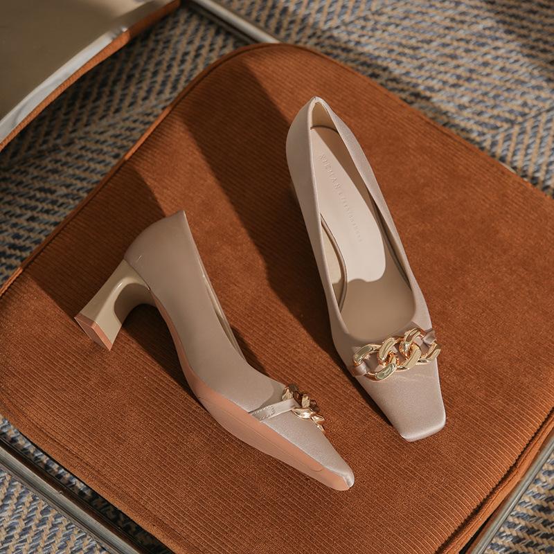 

Fashion thick heel metal buckle square head shallow mouth women s high heels shoes non-slip and not tired feet single shoes 40