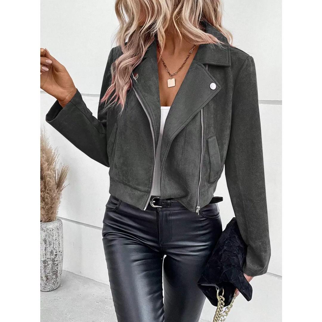 

Spring and Autumn Women s Jacket Short Lapel Zipper Jacket Suede Short Jacket Women XS темно-сірий