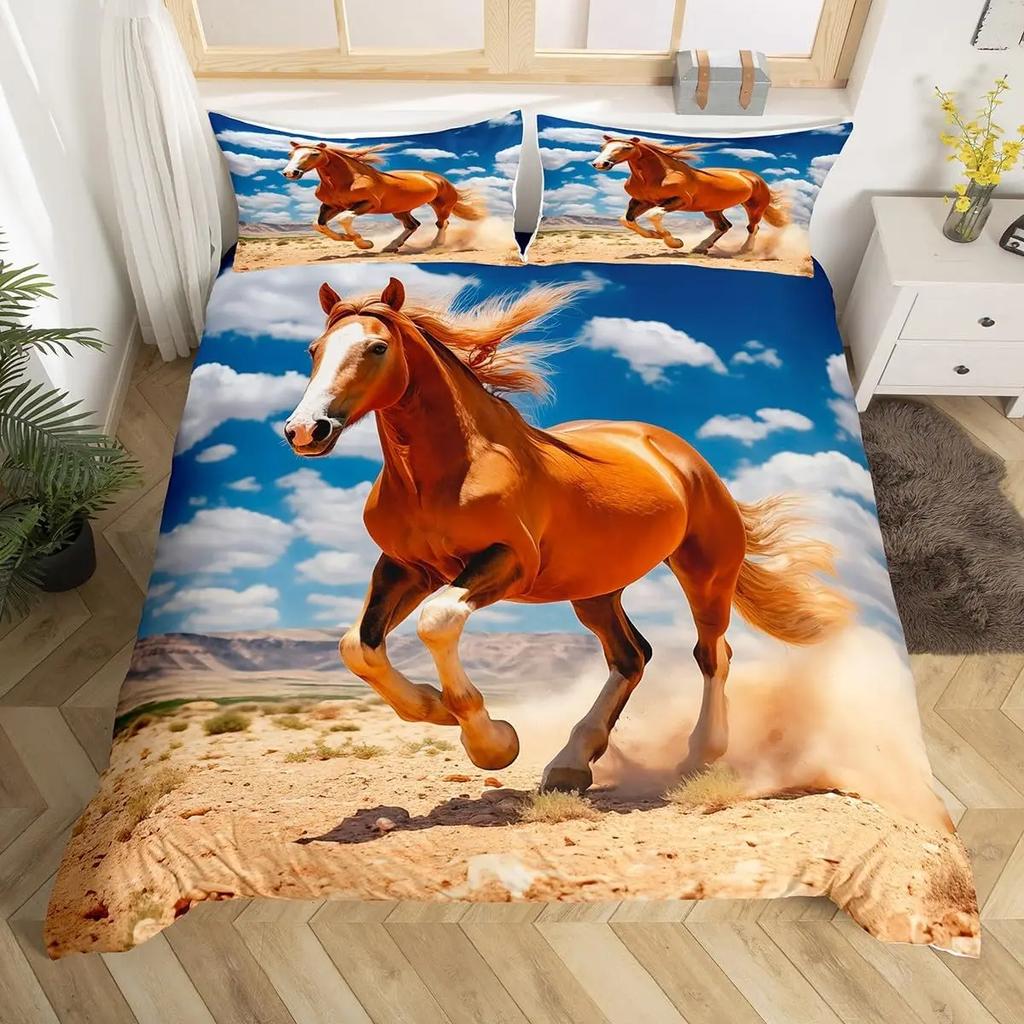 Galloping Horse Bedding Set Horse Duvet Cover Twin Full Queen King Farmhouse Animals Comforter Cover for Kids Girls Teens Room