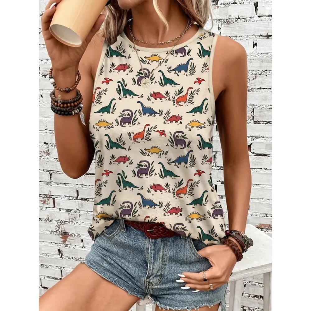 Women's Sleeveless Round Neck Vest with Retro Ethnic Print
