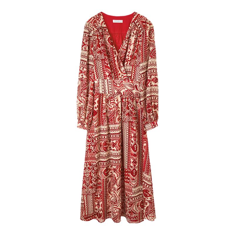 

Shangdubila Red Floral V-Neck Midi Dress L