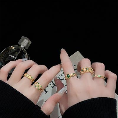 Fashion Gold Emerald Drop Glaze Open Ring Zircon Enamel Personality Light Luxury Premium Retro Ladies Ring
