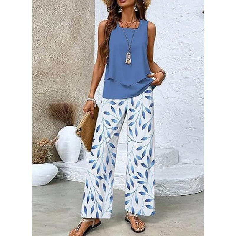 Women's Loose Fit Two Piece Outfit Sleeveless Tank Top High Waist Wide Leg Pants Set With 3D Abstract Print For Casual Summer Daily Wear