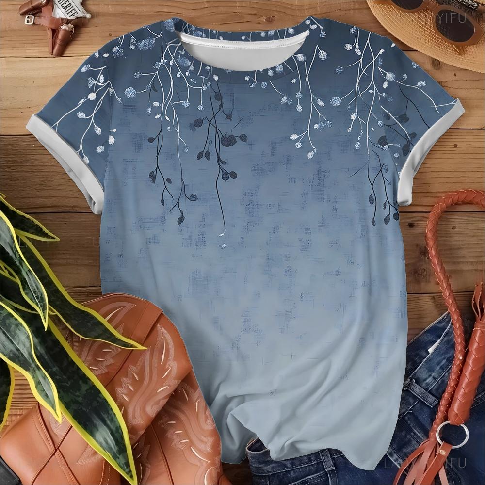 Blue And White Flower Pattern Women's T-shirt Casual Fashionable Comfortable Summer Round Neck Short Sleeve Y2k Streetwear