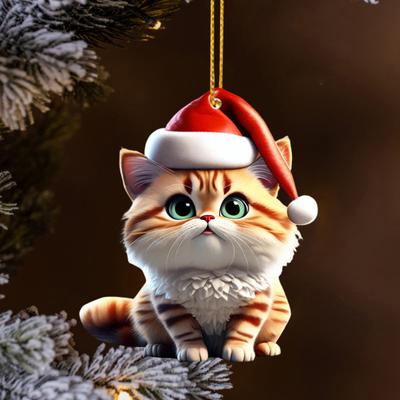 Christmas Cat Pendant Acrylic Santa Hat Cartoon Cat Hanging Decoration Key Ring Kitten Pendant Christmas Tree Decor Gift for Cat Lovers