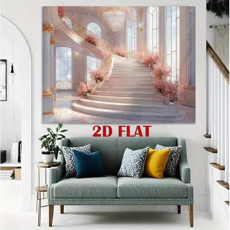 2D Fairytale Pink Staircase Backdrop 2D Flat Print Grand Palace Hall Background for Wedding Events