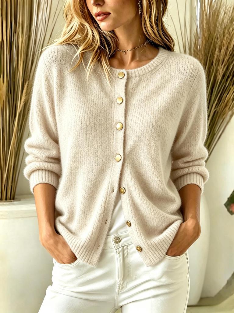 2026 Cross-Border Women's Solid Color Button Cardigan - Autumn/Winter Knitwear, Round Neck, Long Sleeve