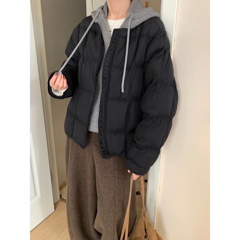 Hooded cotton-padded clothes knitted splicing down cotton-padded clothes for women's winter short loose warm thickened Korean jacket