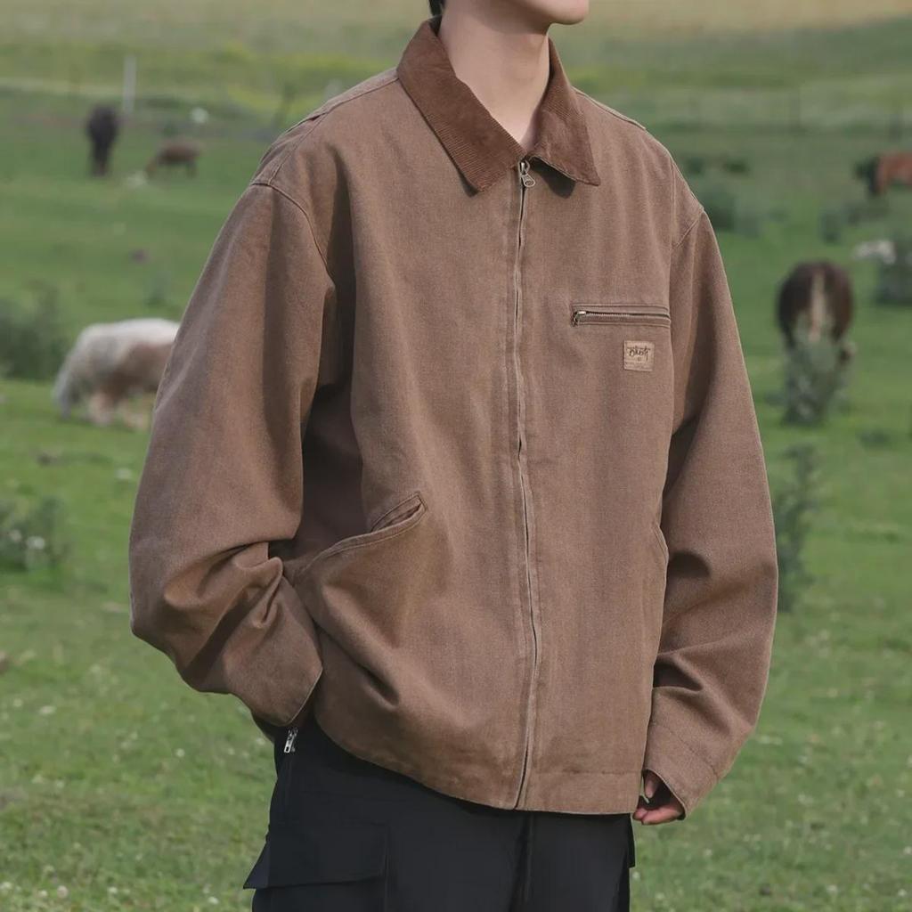 Japanese Retro Coffee-Colored Men's Loose Workwear Jacket