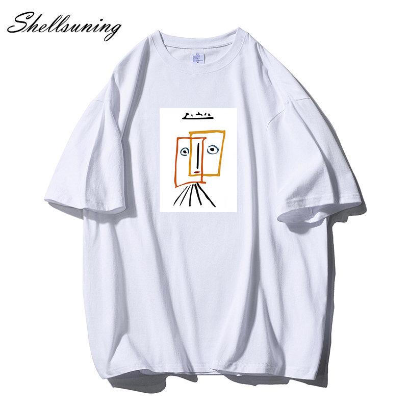 Shellsuning Cartoon Printing T-shirt Women Summer Fashion Casual Simple Short Sleeve 100% Cotton Soft Tees Female Oversized Basic Couple Tops