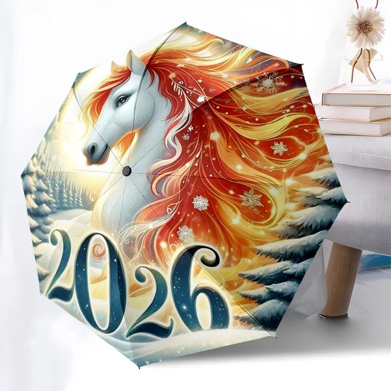 

1pc 2026 Winter Wonderland Horse: Automatic Opening/Closing Umbrella with Portable Tri-Fold Design, 8-Bone Iron Frame, Outdoor, Festive Gift for Fans,