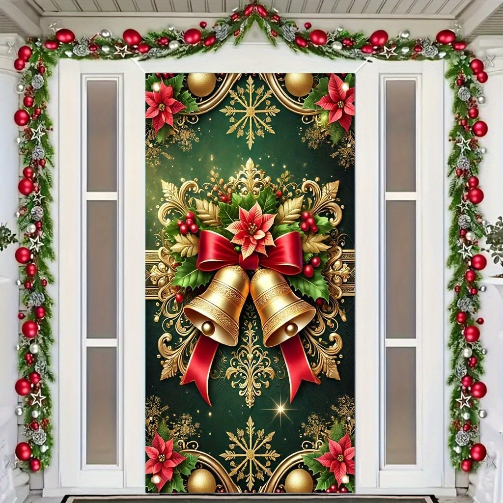 Christmas Door Cover Gold Bell Poettia 71x35 Inch Large Holiday Decoration for FrontDoor Wall Indoor Outdoor Xmas Party Winter Festival Home Decor