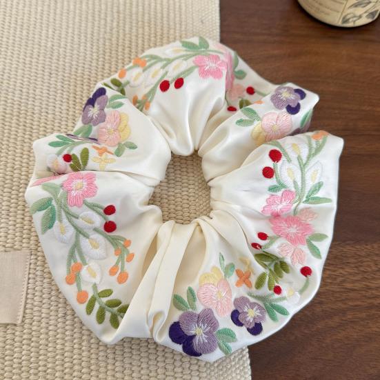 Floral Scrunchies Satin Scrunchies Embroidery Flower Scrunchies Aesthetic Elastic Hair Band No Damage Hair Ties Blossom Ponytail Holders for Women
