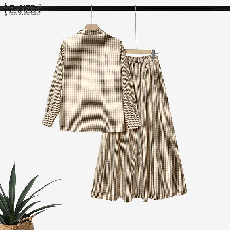 ZANZEA Women Long Sleeve Blouse and Long Skirts Plaid Print Two Piece Suit Sets