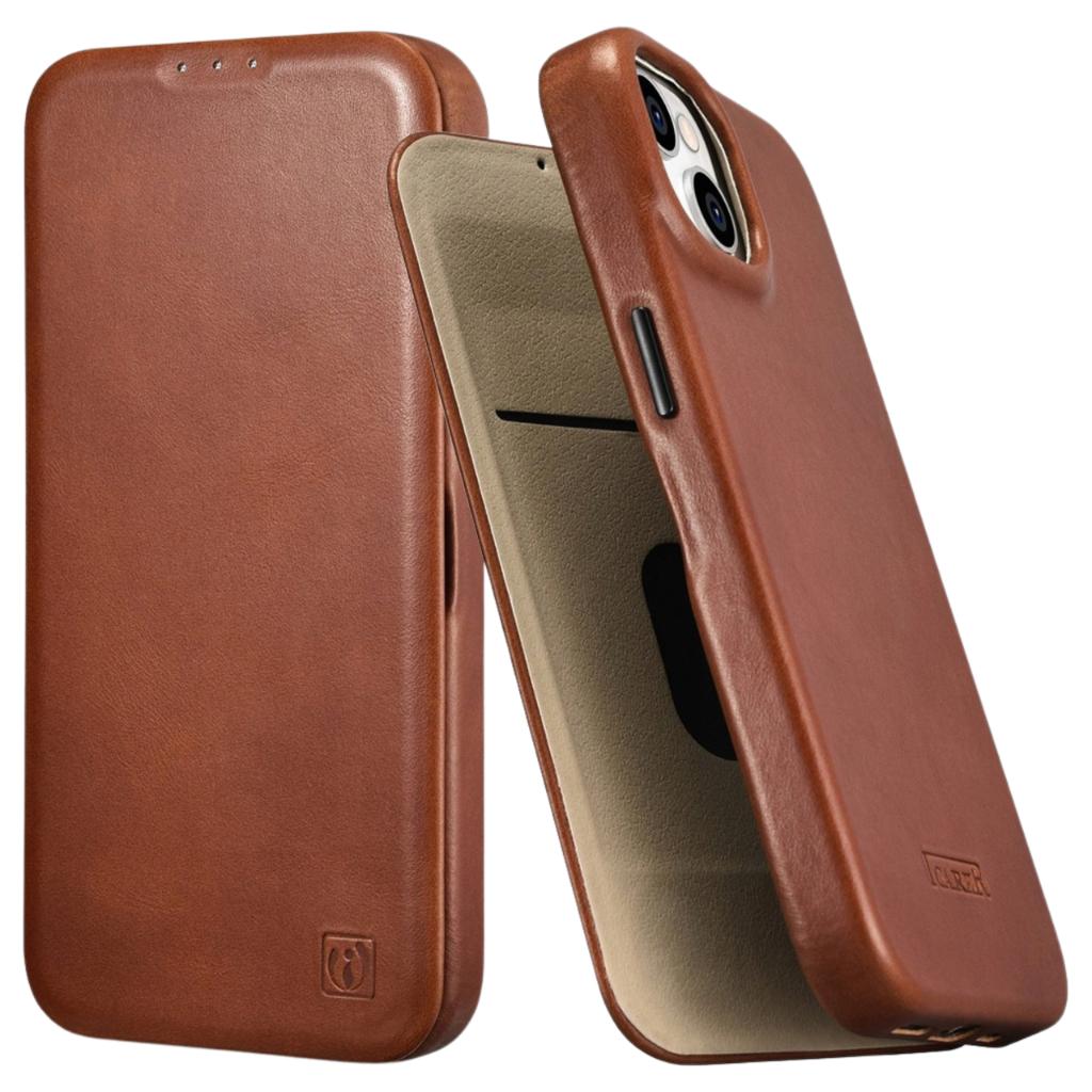 Icarer Ce Oil Wax Premium Leather Folio Case Skórzane Etui Iphone 14 Plus Z Klapką Magnetyczne Magsafe Brązowy (Aki14220707-Bn)