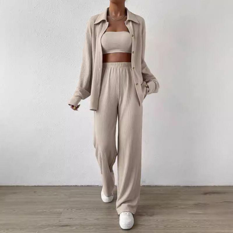 Autumn and Winter Solid Color Button Cardigan Lapel Casual Fashion Women's Two-piece Set