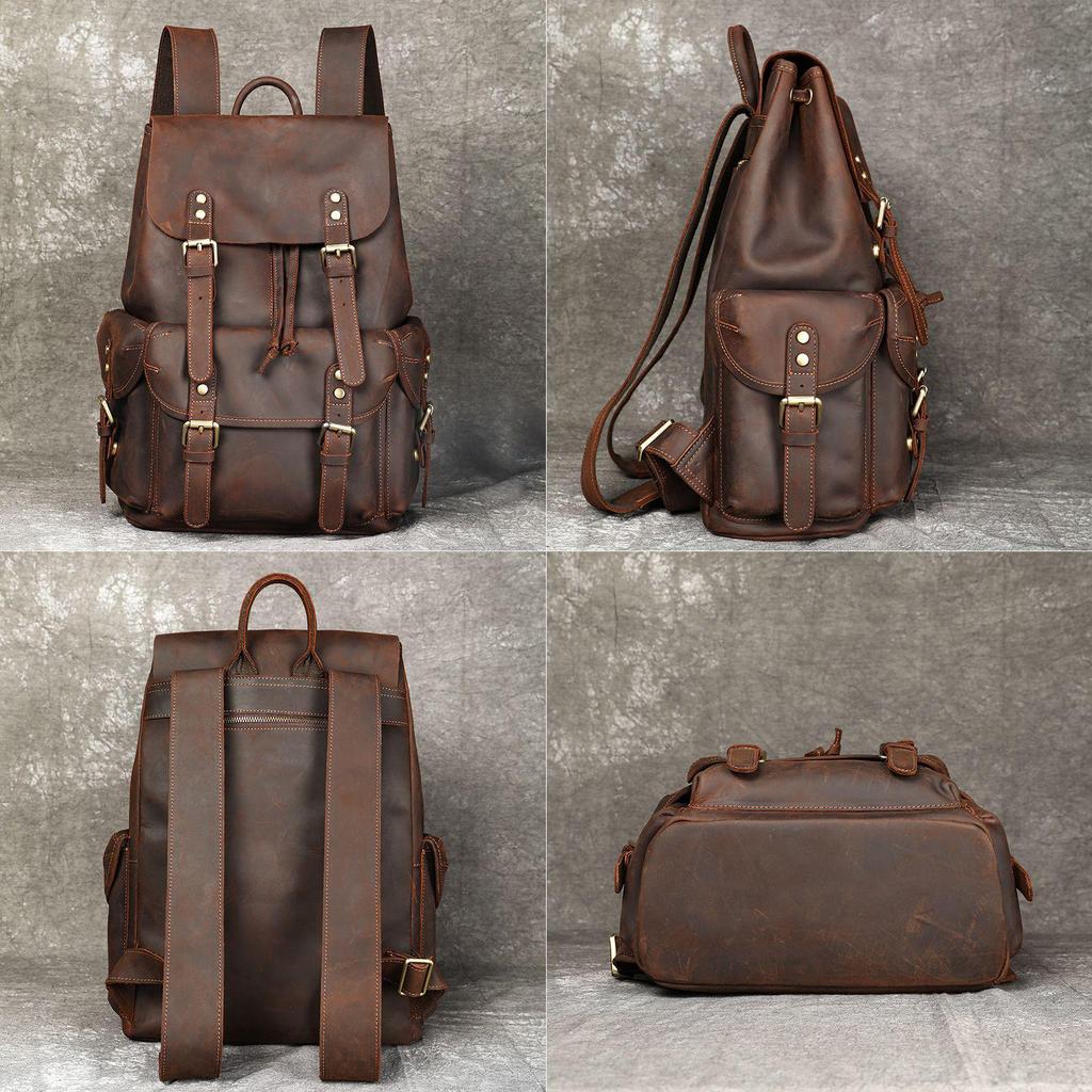 MASIWEI Retro Crazy Horse Leather Travel Backpack - Large Capacity, Genuine First Layer Cowhide for Men